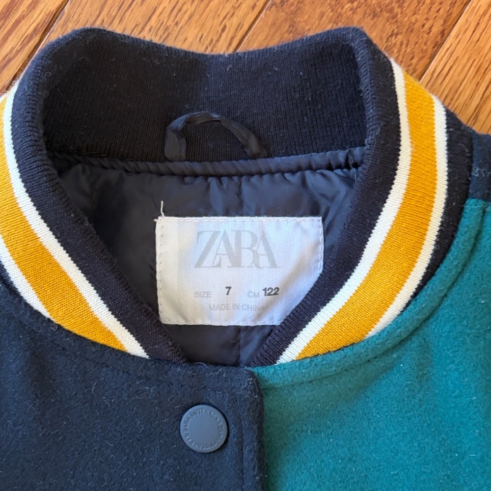 Zara Navy, Green & White Colorblock Letterman Jacket - Picture 2 of 6